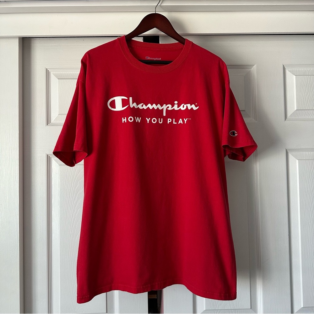 Champion Men's XL Red With White Logo Cotton Crew Neck Short Sleeve T-Shirt Top - Picture 5 of 14